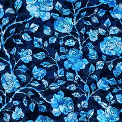 Keuken foto achterwand Donkerblauw Naadloze bloemmotief met blauwe rozen op donkere achtergrond. Vectorillustratie voor stof, textiel, kleding, behang, inwikkeling.