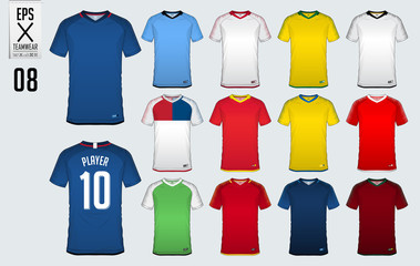 Naklejka premium Soccer jersey, football kit, t-shirt sport template design for sport club. Football t-shirt mock up. Front and back view soccer uniform. Sportswear Catalog. Vector Illustration.