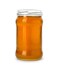 Jar with delicious honey on white background