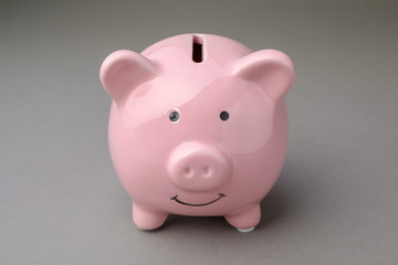 Cute pink piggy bank on gray background