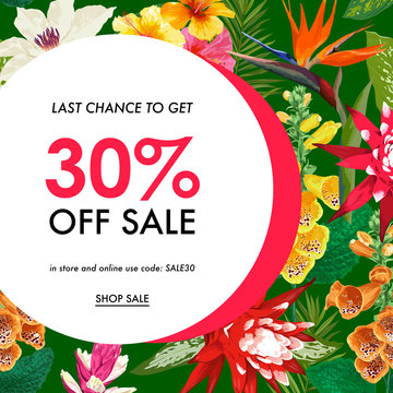 Summer Sale Tropical Banner. Seasonal Promotion with Exotic Flowers and Leaves. Floral Discount Template Design for Poster, Flyer, Gift Certificate. Vector illustration