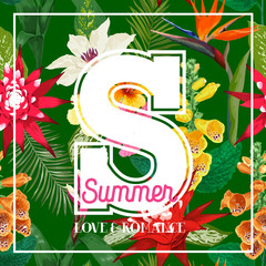 Summertime Floral Poster. Tropical Flowers and Palm Leaves Design for Banner, Flyer, Brochure, Fabric Print. Hello Summer Watercolor Botanical Background. Vector illustration