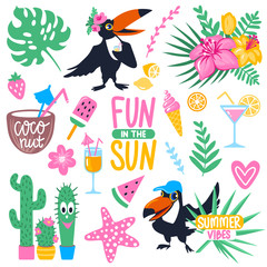 Vector summer set with cartoon toucan, monstera, tropical leaves