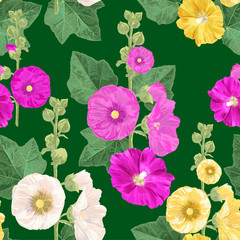 Malva Flower Seamless Pattern. Summer Floral Background with Flowers. Watercolor Blooming Design for Wallpaper, Fabric. Vector illustration