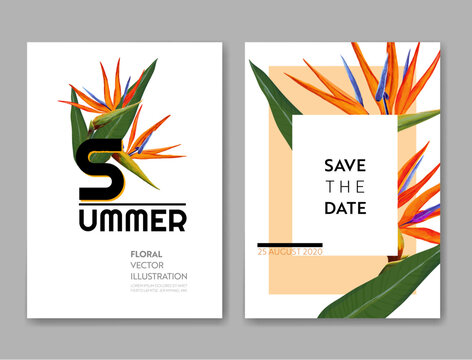 Wedding Invitation Template with Flowers and Palm Leaves. Tropical Floral Save the Date Card. Exotic Flower Romantic Design for Greeting Postcard, Birthday, Anniversary. Vector illustration