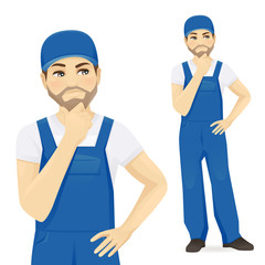 Man in blue overalls thinking vector illustration