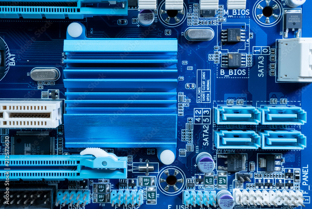 Poster electronic circuits in futuristic technology concept. motherboard computer on blue background. micro
