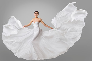 Woman White Dress, Wedding Fashion Model in Long Silk Bride Gown, Waving Flying Fabric, Cloth...