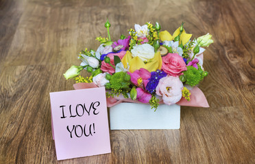 Flower Box of Colorful Roses,Freesia and Greenery with I Love You Pink  Card