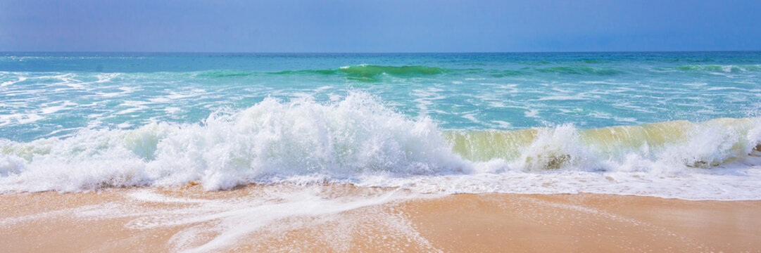 Fototapeta Atlantic ocean, front scenic view of waves on the beach, travel and summer panoramic background, web banner