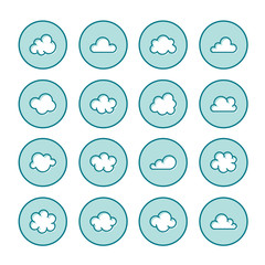 Cloud flat line icons. Clouds symbols for data storage, weather forecast. Thin signs for hosting.