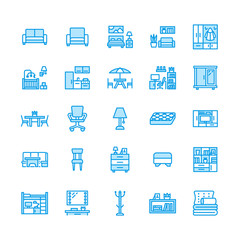 Furniture vector flat line icons. Living room tv stand, bedroom, home office, kitchen corner bench, sofa, nursery, dining table, bedding. Thin signs collection for interior store. Pixel perfect 64x64.