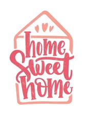 Home Sweet Home lettering written with cursive calligraphic font inside house outline and decorated with hearts