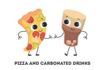 Funny soda drink and pizza slice standing together