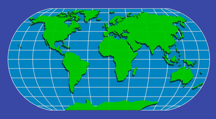 Green world 3D illustration 2.  World map, continents, oceans. Dark blue background.Collection.