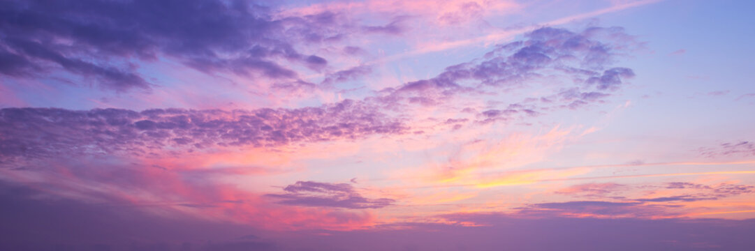 Panoramic photo, view of a pink and purple sky at sunset. Sky panorama background, header and web banner © Delphotostock