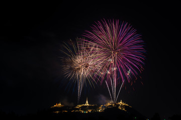 Beautiful fireworks with Phra Nakhon Khiri ancient place (Khao Wang) landmark of Phetchaburi Province Thailand