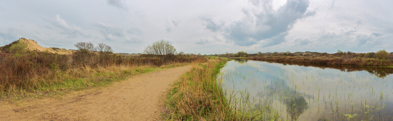 Panoramic view in the nature reserve De Westhoek with sand dunes and a pond