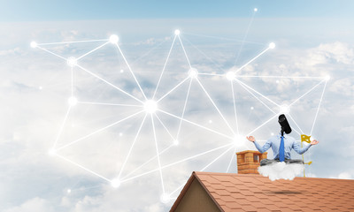 Concept of security and privacy protection with camera headed man meditating