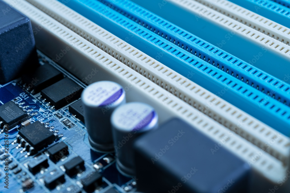 Poster electronic circuits in futuristic technology concept. motherboard computer on blue background. micro