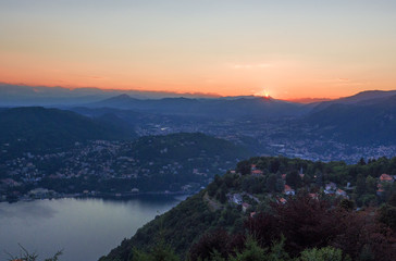 Lake Como at sunset taken from the brunate hill. Lombardy, Italy