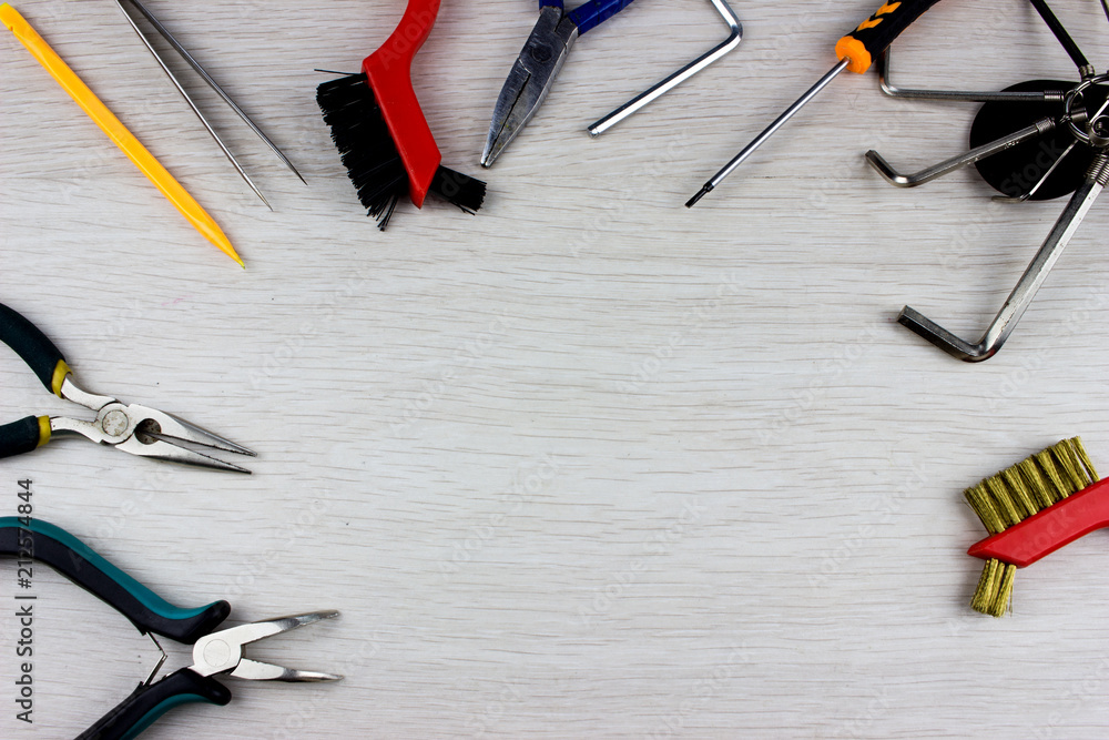 Poster different tools and equipment on a table. empty copy space for text