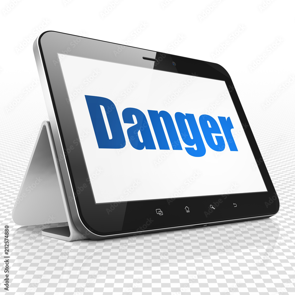 Poster safety concept: tablet computer with blue text danger on display, 3d rendering
