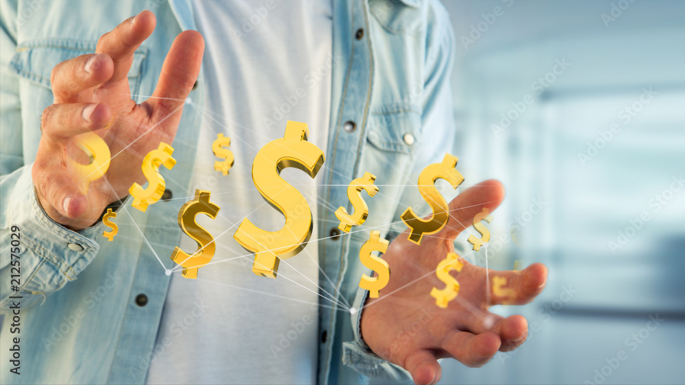 Poster dollar sign flying around a network connection - 3d render