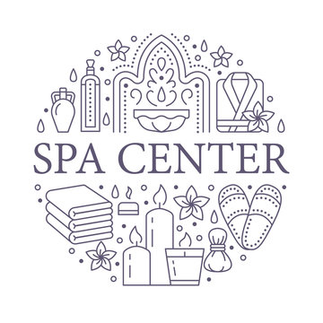 Spa center banner illustration with flat line icons. Essential oils, aromatherapy massage, turkish steam bath hamam sauna. Circle template thin linear signs body treatments.