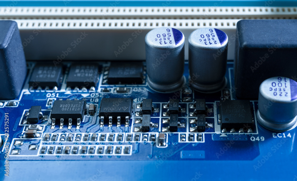 Poster electronic circuits in futuristic technology concept. motherboard computer on blue background. micro