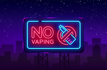 No Vaping neon sign vector template, light banner, bright night illustration, symbol vaping ban, no vaping, electronic cigarette neon. Vector illustration. Billboard