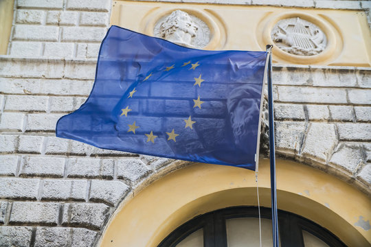 the flag of the European Union on the European government building