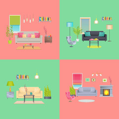 Set of Various Room Interiors Banners, Flat Design