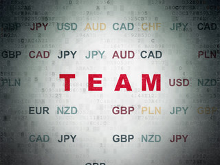 Finance concept: Painted red text Team on Digital Data Paper background with Currency