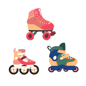 Set of three different roller skates in flat style, vector illustration isolated on white background