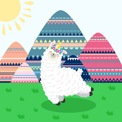 Greeting card with lama unicorn and mountain cartoon landscape. Template for printing, web design, postcard © yepifanovahelen