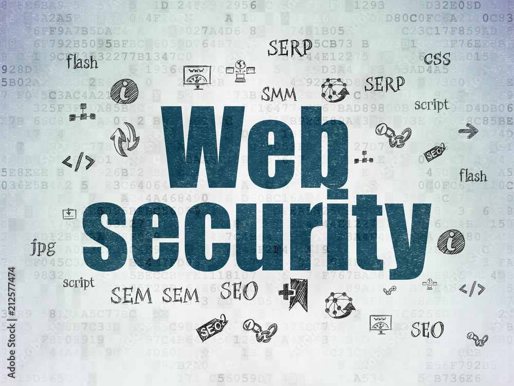 Poster web design concept: painted blue text web security on digital data paper background with hand drawn 