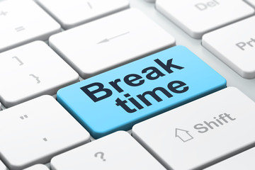 Time concept: computer keyboard with word Break Time, selected focus on enter button background, 3D rendering