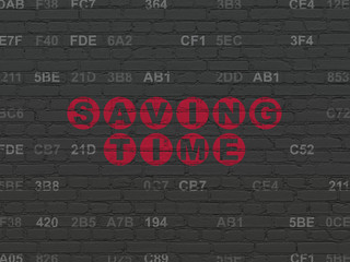 Time concept: Painted red text Saving Time on Black Brick wall background with Hexadecimal Code