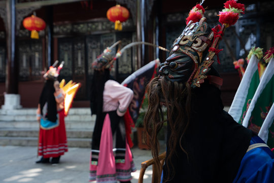 Fototapeta GUINZHOU, CHINA - JUNE 14, 2018: Miao women performing traditional dance