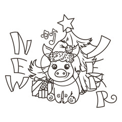 Fototapeta premium Happy New 2019 Year card with cartoon baby pig. Small symbol of holiday.
