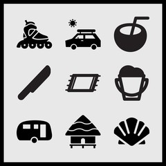 Simple 9 set of Summer related round knife, sand full of bucket, vintage caravan and coconut cocktail with a straw vector icons