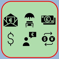 Simple 6 icon set of business related pound sterling, insurance, exchange and user vector icons. Collection Illustration