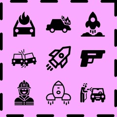 Simple 9 icon set of fire related gun, rocket, fireman and car on fire vector icons. Collection Illustration