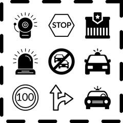 Simple 9 icon set of law related siren, detour, police car and alarm bell vector icons. Collection Illustration