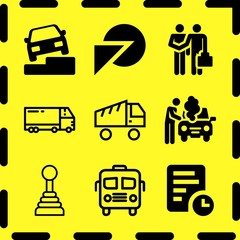 Simple 9 icon set of business related bus, clock, truck and gearbox vector icons. Collection Illustration