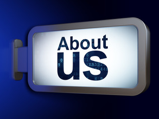 Advertising concept: About Us on advertising billboard background, 3D rendering