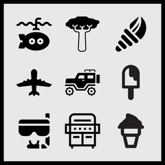Simple 9 set of Summer related goggles, melting ice cream, submarine and baobab vector icons