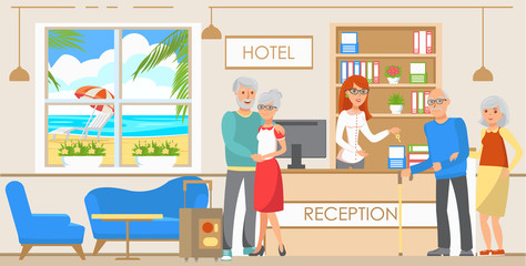 Old People Accommodation in Hotel. Vector.