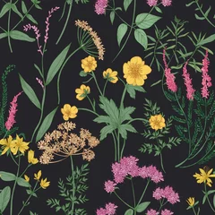 Rolgordijnen Natural seamless pattern with gorgeous wildflowers or blooming flowers and wild meadow flowering herbs on black background. Elegant hand drawn vector illustration for wrapping paper, fabric print. © Good Studio